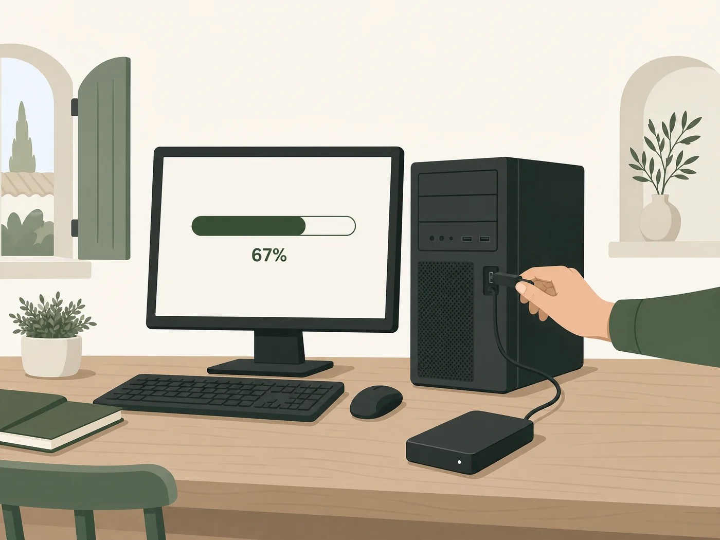 Illustration d’un ordinateur de bureau en cours de diagnostic.