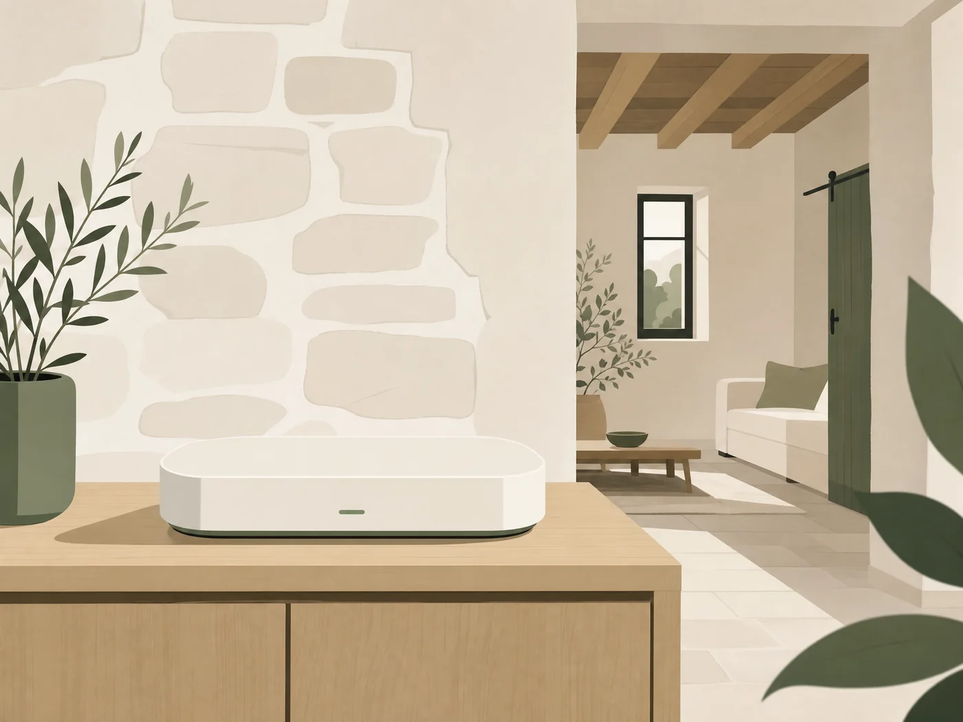Une box Wi-Fi installée dans un intérieur provençal illustré.